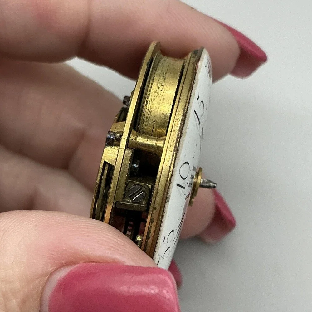 Antique Verge Fusee Pocket Watch Men 36mm Enamel Key Movement Manual Not Running